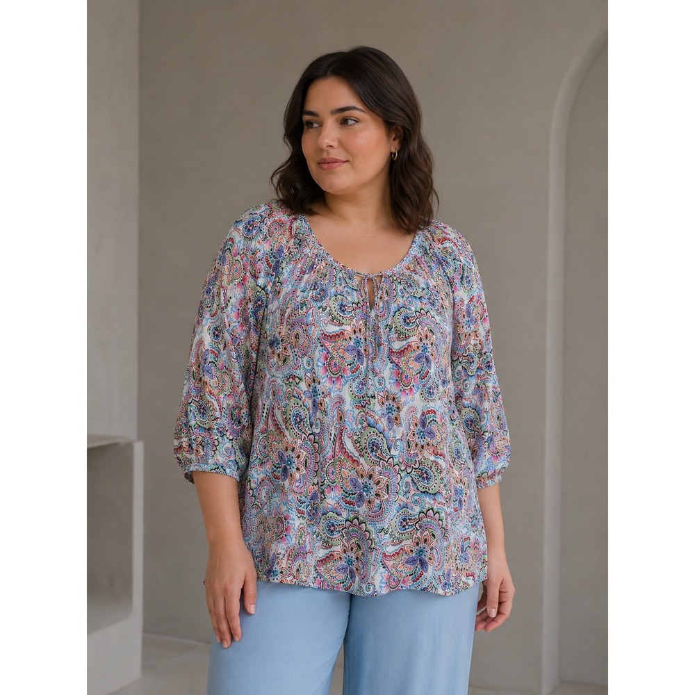 Floral & Ivy Womens Large Paisley Print Pleated Peasant Blouse Multi